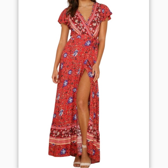 HALCYEEN Elegant Fashion TIE DOWN MAXI DRESS RED SZ MEDiUM NWT BoHo - Picture 4 of 10